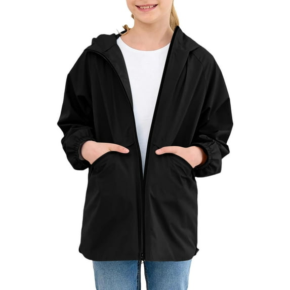 Boys and Girls Children's Rain Coats Solid Color Long Sleeved Hooded Waterproof Jackets Zipper Windbreaker Coat Black 130