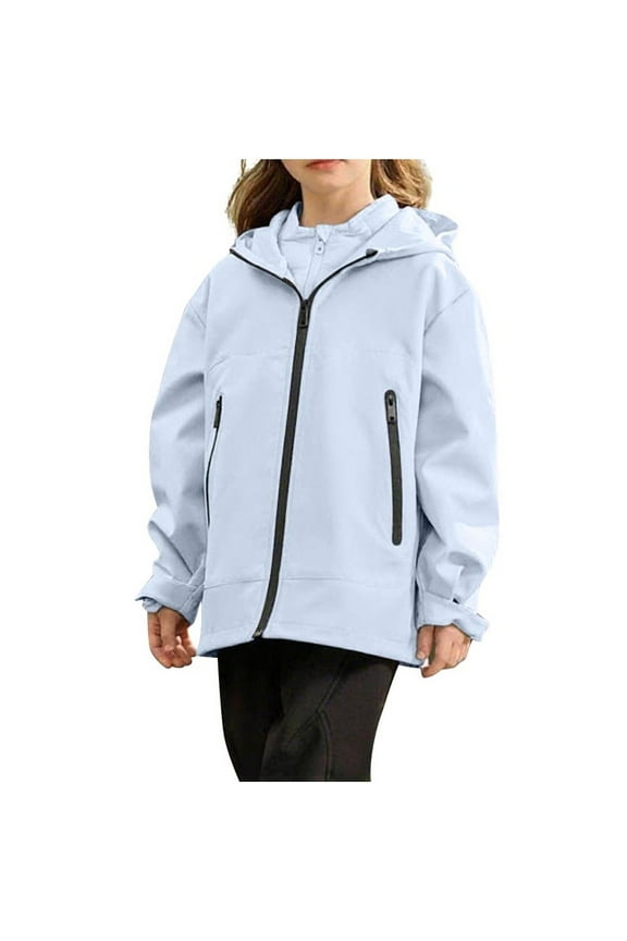 Boys and Girls Children's Rain Coats Solid Color Long Sleeved Hooded Waterproof Jackets Zipper Windbreaker Coat Blue 5 Years