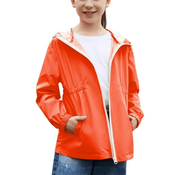 Boys and Girls Children's Rain Coats Solid Color Long Sleeved Hooded Waterproof Jackets Zipper Windbreaker Coat Orange 110