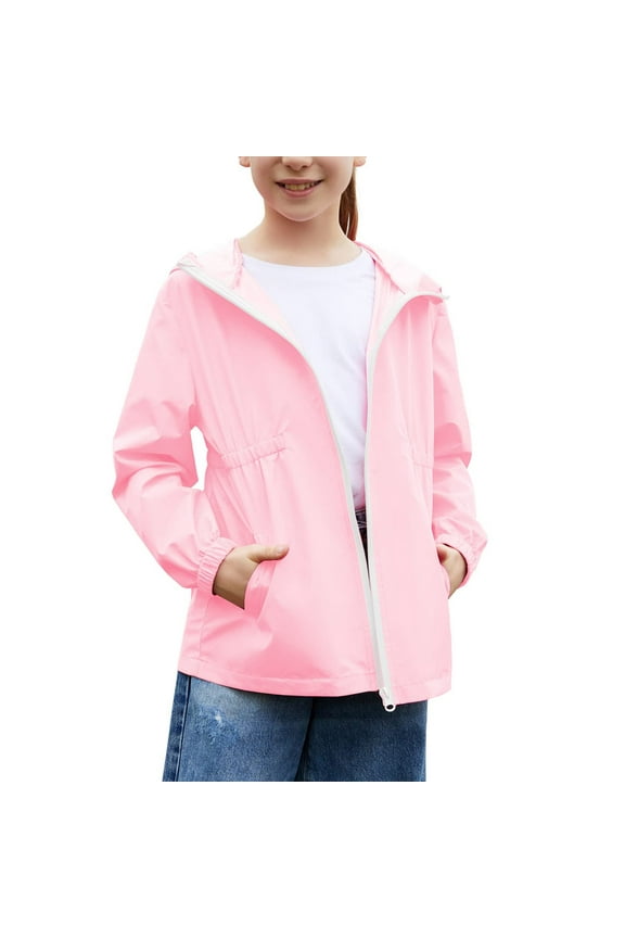 Boys and Girls Children's Rain Coats Solid Color Long Sleeved Hooded Waterproof Jackets Zipper Windbreaker Coat Pink 150