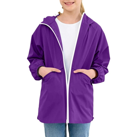 Boys and Girls Children's Rain Coats Solid Color Long Sleeved Hooded Waterproof Jackets Zipper Windbreaker Coat Purple 130
