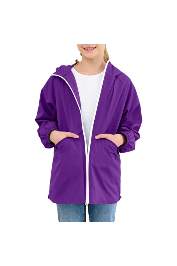 Boys and Girls Children's Rain Coats Solid Color Long Sleeved Hooded Waterproof Jackets Zipper Windbreaker Coat Purple 160