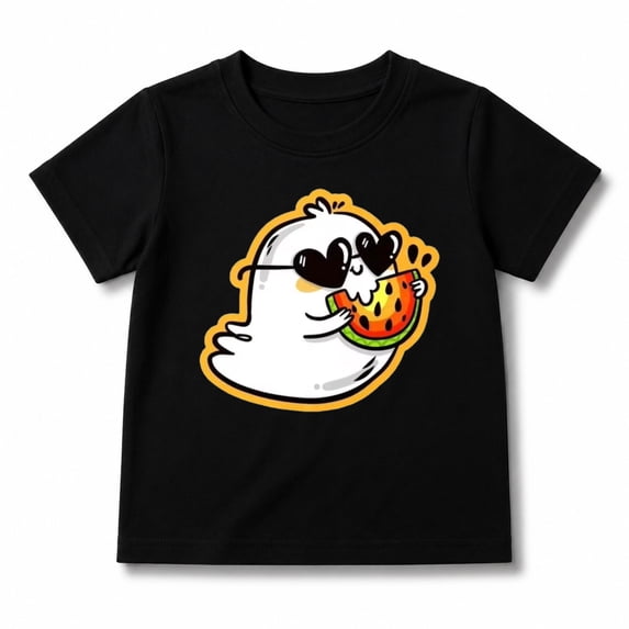 Boys and Girls Funny Halloween Ghost Eating Watermelon Graphic T-Shirt for Kids