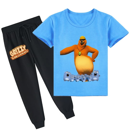 Boys and Girls Grizzly And The Lemmings Cotton Short Sleeve T-shirt with Long Pants for Summer Set Outfits