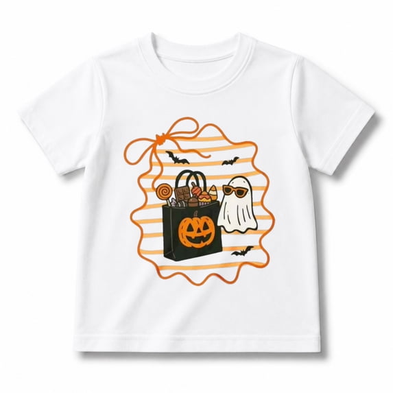 Boys and Girls Halloween Pumpkin Ghost and Fall Frame Graphic T-Shirt for Kids
