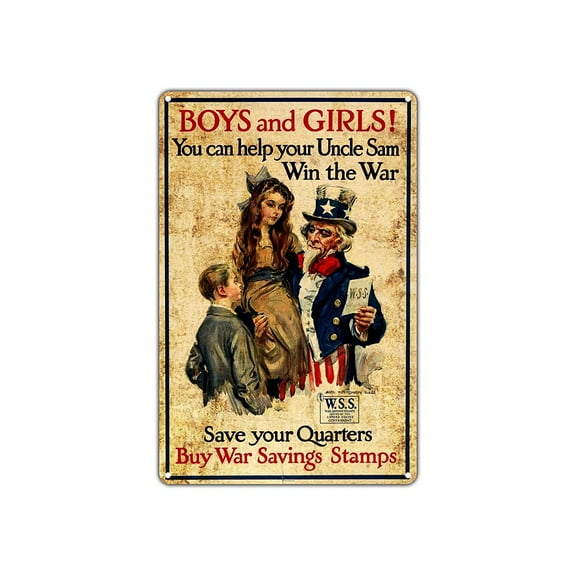 Boys and Girls Help Uncle Sam Win The War Buy Stamps Vintage Retro Metal Wall Decor Art Shop Man Cave Bar Aluminum 8"x12" Sign