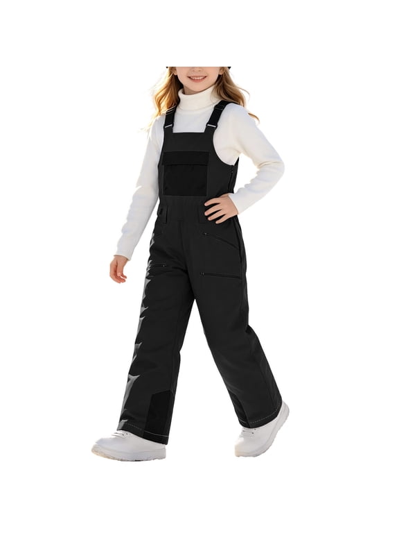 Boys and Girls Insulated Ski Bib Overalls, Adjustable Strap Windproof Snow Pants with Pockets for Winter Sports, Black, 4 Years