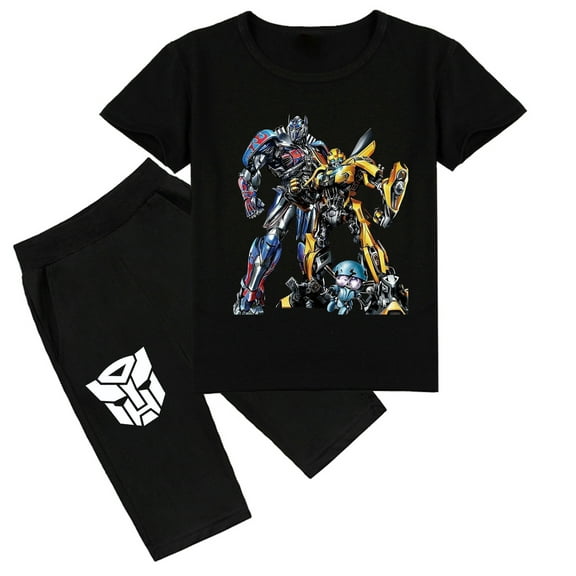 Boys and Girls Summer Set: Transformers Print Cotton Short Sleeve T-shirt & Shorts, Ideal for Daily