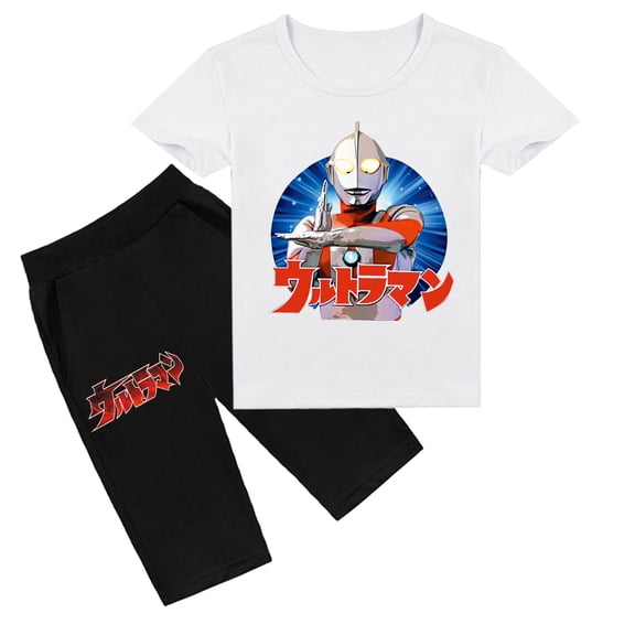 Boys and Girls Summer Set: Ultraman Print Cotton Short Sleeve T-shirt & Shorts, Ideal for Every Days