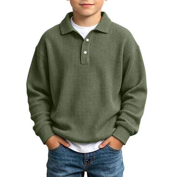 Boys and Girls Waffle Knit Button Placket Sweatshirt, Long Sleeve Collar Relaxed Fit Pullover for School Wear, Army Green, 3 Years
