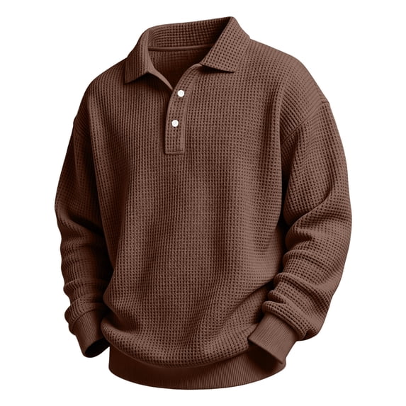 Boys and Girls Waffle Knit Button Placket Sweatshirt, Long Sleeve Collar Relaxed Fit Pullover for School Wear, Brown, 11 Years