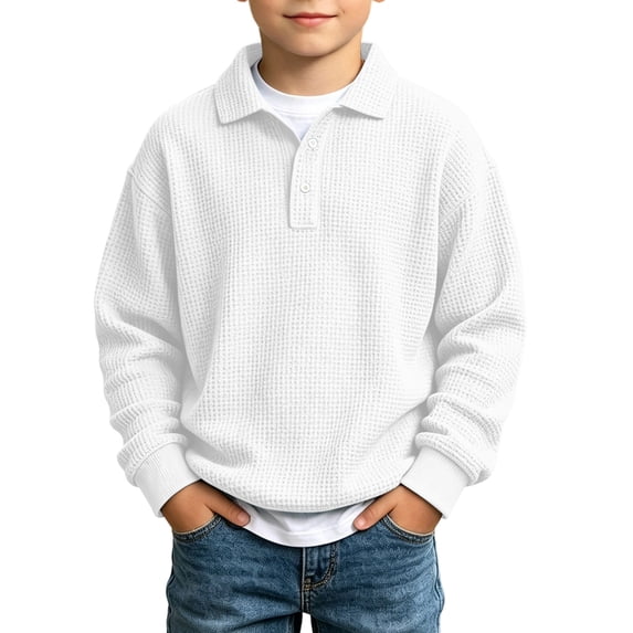 Boys and Girls Waffle Knit Button Placket Sweatshirt, Long Sleeve Collar Relaxed Fit Pullover for School Wear, White, 3 Years