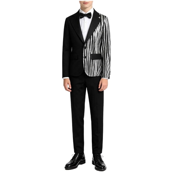 Boys formal Tuxedo Sequins Suit Set for Stage Performance Size 8-16 Sequin Blazer 2 Piece Shiny Jacket Black Pants Kids and Teen Boys Dress Outfit Black