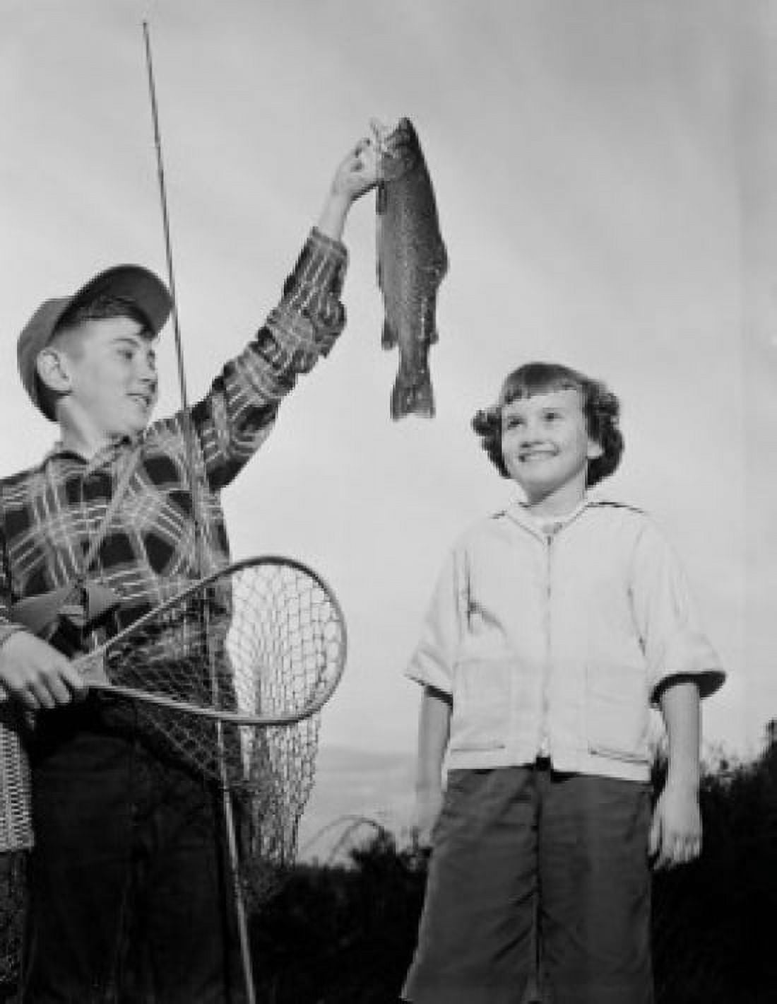 Boys holding Rainbow Trout Canvas Art - (18 x 24)