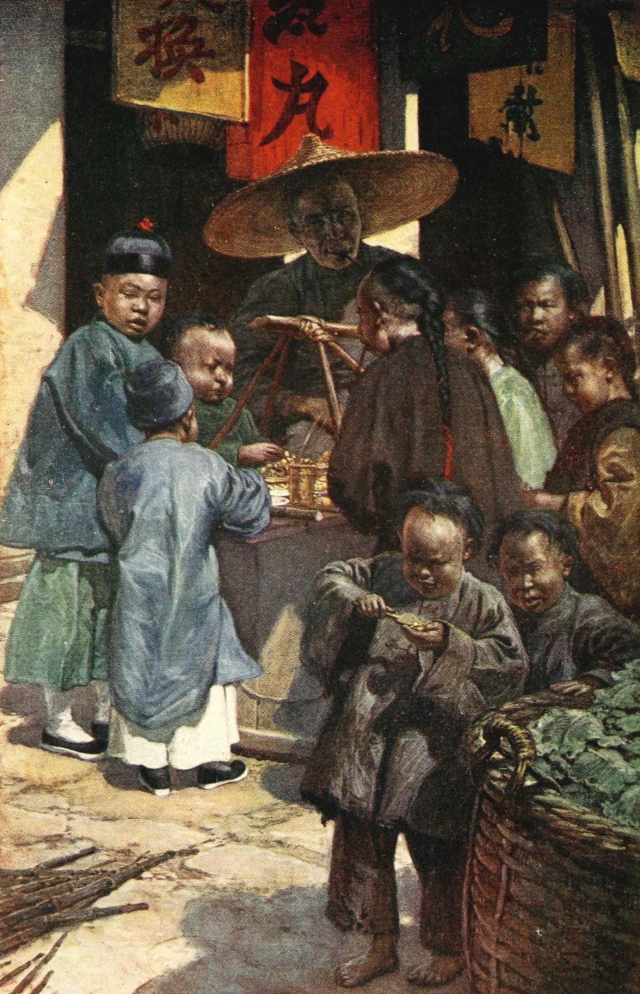 Boys round a sweet stall China 1910 Canvas Art - Norman H Hardy (18 x 24)