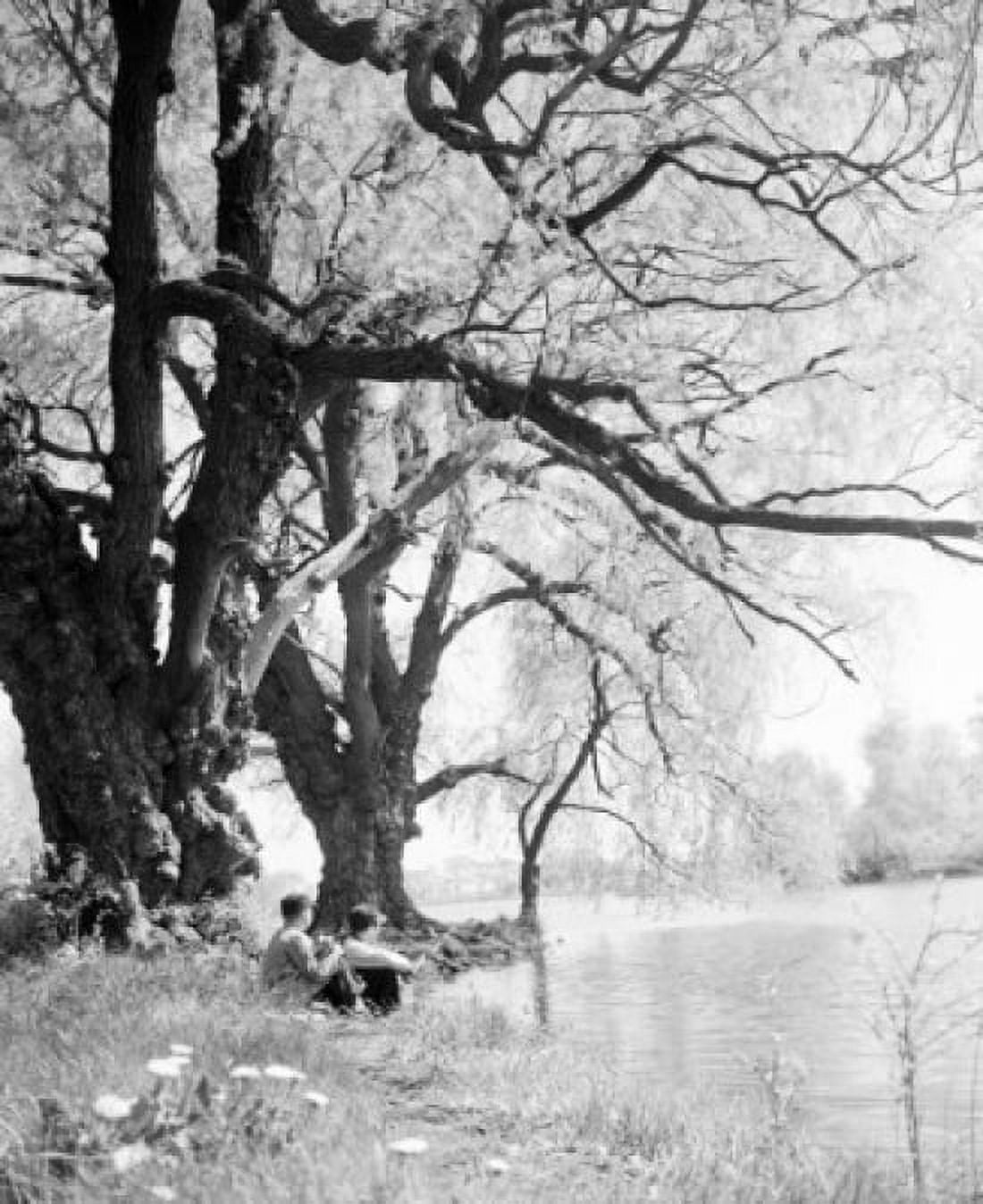 Boys sitting on riverbank under big tree Canvas Art - (18 x 24)