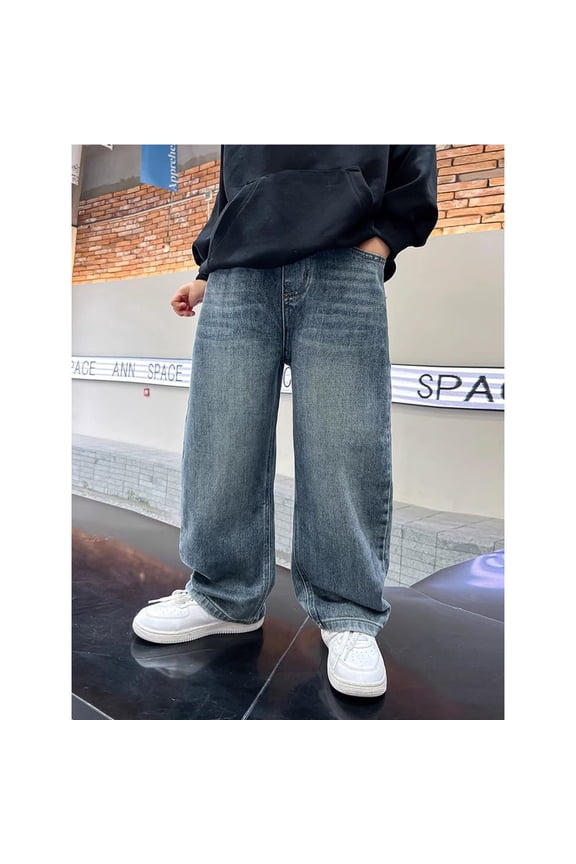 Boys straight leg jeans,Boy's Baggy Jean Elastic Waist Pull On Denim Pant Classic Straight Wide Leg Jeans for Kid,Jeans Baggy Straight Leg Elastic Waist Loose Denim Pants with Pockets age:5-6 Years