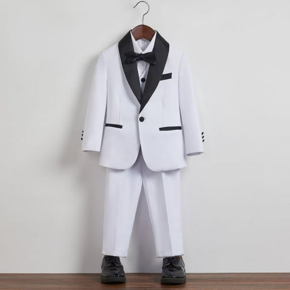 Boys suit Slim Fit 5 Piece, Adjustable Waist, Boys Formal Suit with Jacket, Pants, Vest, Shirt, Tie, and Bow Tie