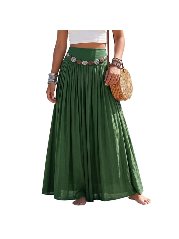 Boho Maxi Skirts for Women Summer Cute Flowy Long Skirts Flared A Line Elastic Waist Beach Vacation Resort Dark Green S