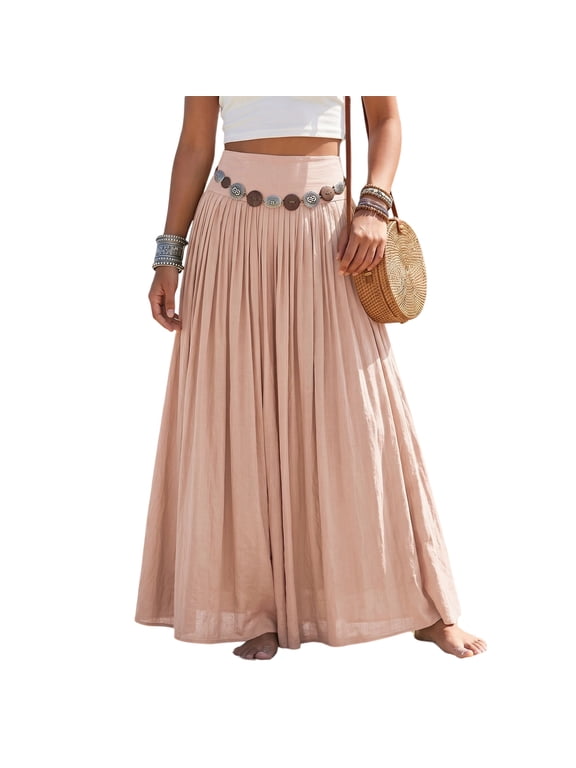 Boho Maxi Skirts for Women Summer Cute Flowy Long Skirts Flared A Line Elastic Waist Beach Vacation Resort Pink XL