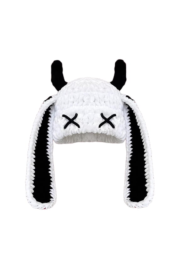 Bunny Chunky Beanie with Devil Horns Cute Chenille Crochet Hat with Long Floppy Ears Pastel Goth Rabbit Winter Skull Cap White One Size