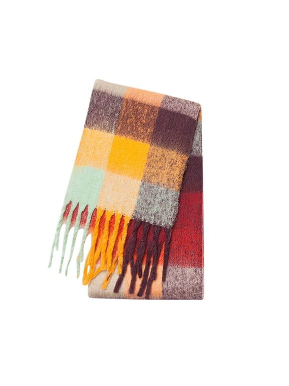 Large Chunky Plaid Scarf Coloured Checked Oversized Scarf Tassel Soft Fall Winter Thick Warm Shawl Women Orange One Size