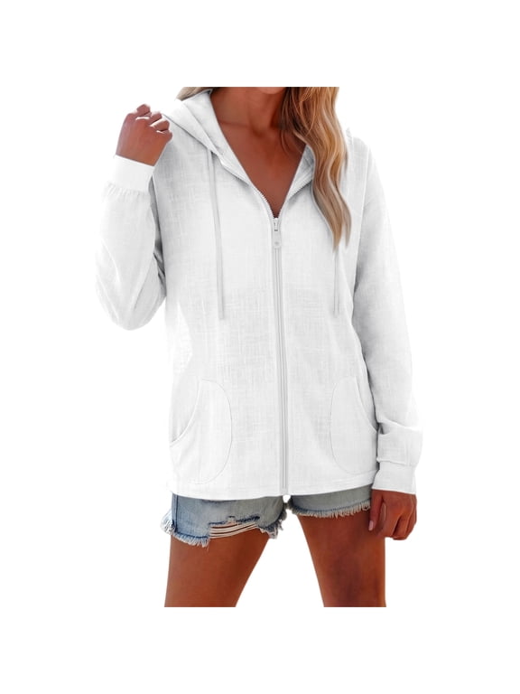 Linen Zip Up Hoodie Women Summer Fashion Gauze Shirts Lightweight Long Sleeve Solid Colors Sweatshirt with Pocket White 2XL