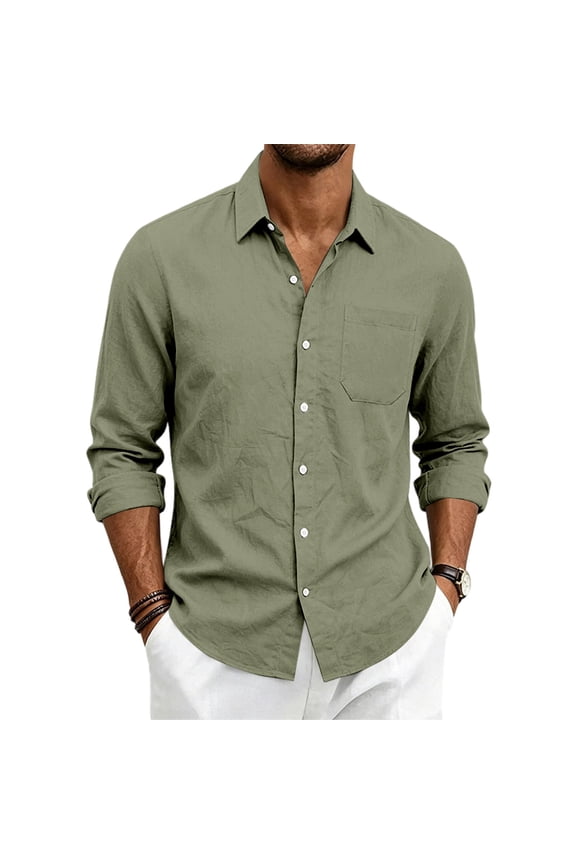 Men's Casual Button Down Shirts Long Sleeve Linen Beach Wedding Shirt Summer Vacation Shirt for Men Army Green L