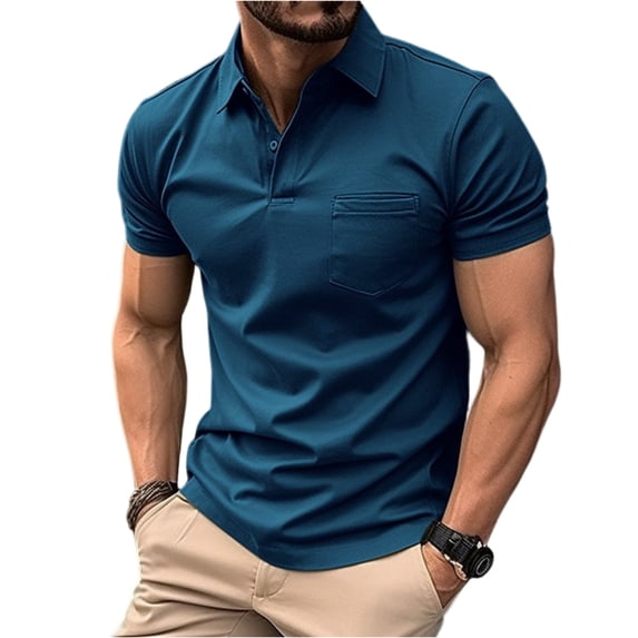 Boyscolos Men’s Contrast Trim Shirt Short Sleeve Breathable Top Stretch Lightweight Casual Golf Work Summer Shirts 3 Buttons Blue XL