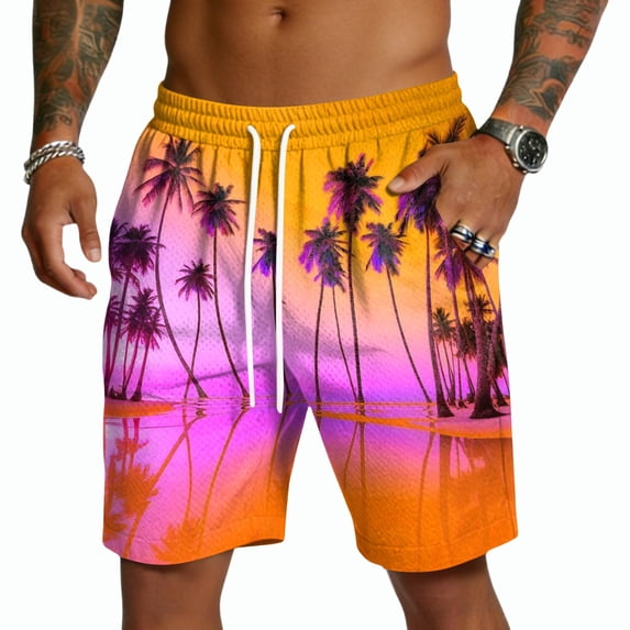 Boyscolos Mens Casual Shorts Hawaiian Print Drawstring Elastic Waist Short Pants Quick Dry Beach Shorts with Pockets Purple S