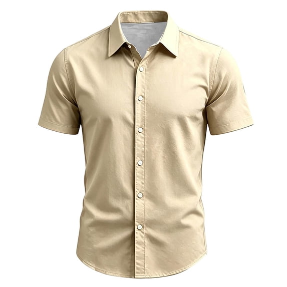 Boyscolos Mens Slim Fit Shirt Short Sleeve Button Down Dress Shirt Stretch Business Casual Summer Office Wear Beige 3XL