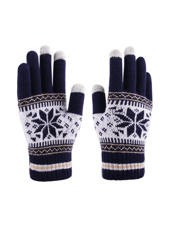 Snowflake Winter Gloves for Women Men Touch Screen Warm Knit Glove Snow Flower Winter Glove for Cold Weather Navy One Size