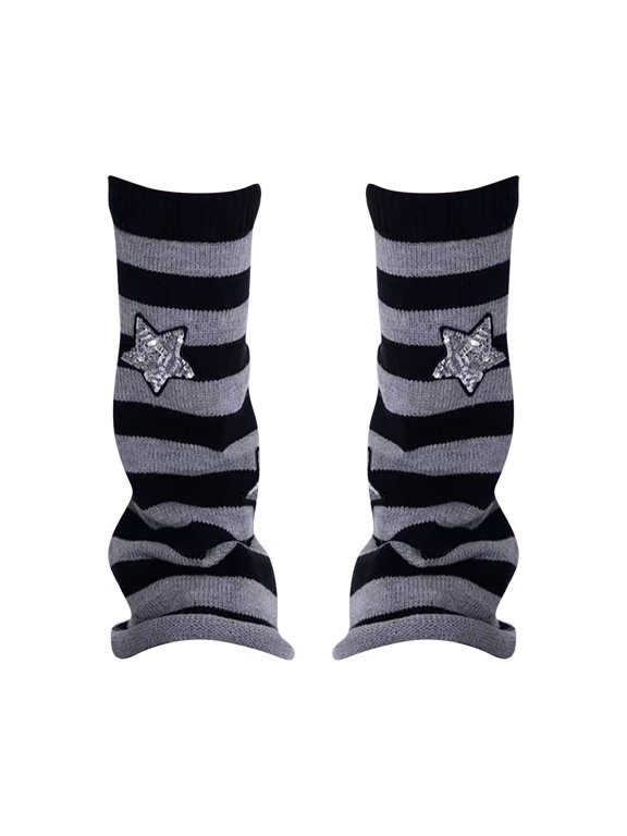Striped Knee High Socks with Rhinestone Star Patches, Gothic Punk Y2K Long Socks Sweet Cool Cosplay Party Socks Dark Gray One Size