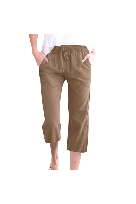 Summer Pants for Women Casual Linen Drawstring Pants Straight Leg Vacation Beach Crop Pant with Pockets Light Brown 2XL