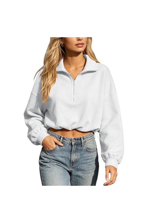 Sweat Polo Shirt for Women Half Zip Cropped Collar Top Long Sleeve Casual Pullover Streetwear Lounge Sweatshirt White 2XL