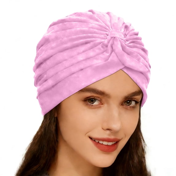 Boyscolos Velvet Turban Head Wrap for Women, Twist Knot Pre Tied Hair Cover Sleeping Bonnet Chemotherapy Head Scarf Pink One Size