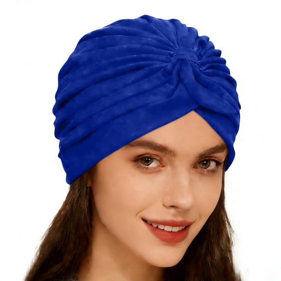 Boyscolos Velvet Turban Head Wrap for Women, Twist Knot Pre Tied Hair Cover Sleeping Bonnet Chemotherapy Head Scarf Royal Blue One Size