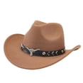 thumbnail image 1 of Boyscolos Western Cowgirl Unisex Hat with Bull Head Rivet Belt Wide Brim Felt Fedora Unisex for Halloween Cosplay Brown One Size, 1 of 2
