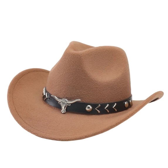 Boyscolos Western Cowgirl Unisex Hat with Bull Head Rivet Belt Wide Brim Felt Fedora Unisex for Halloween Cosplay Brown One Size