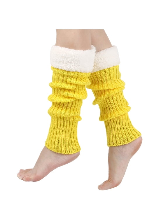 Women Faux Socks Trimmed Leg Warmers Furry Fuzzy Boot Cuff Ribbed Knit Leg Warmers Socks Boot Socks Yellow One Size