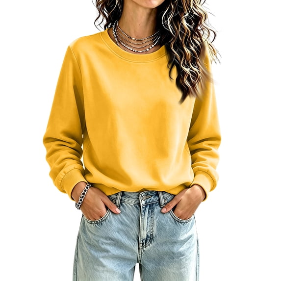 Boyscolos Women Long Sleeve Sweatshirts Crew Neck Casual Pullover Sweaters Loose Lightweight Solid Color Blouse Tops Yellow 2XL