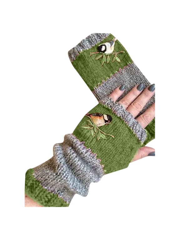Women Winter Knitted Fingerless Gloves Bird Embroidered Half Finger Mittens Outdoor Driving Warmers Knitting Green One Size