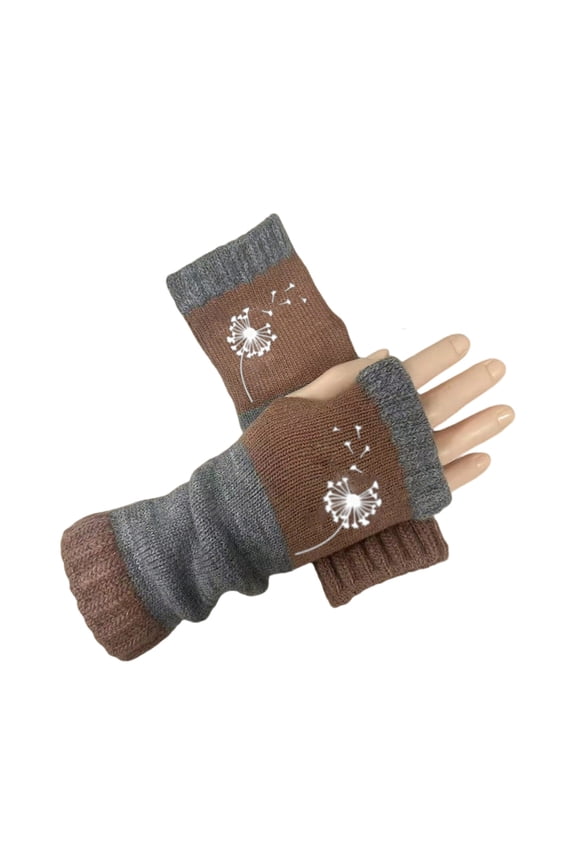 Women Winter Knitted Fingerless Gloves Dandelion Embroidered Half Finger Mittens Outdoor Thumb Warmers Knitting Khaki One Size