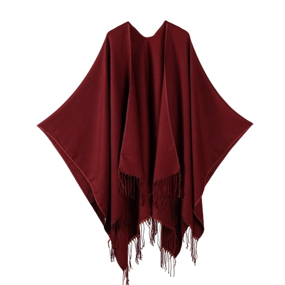 Boyscolos Women's Elegant Fringe Shawl Wraps Fall Winter Warm Open Front Poncho Cape Fashion Vintage Cardigan Sweater Coat Wine One Size