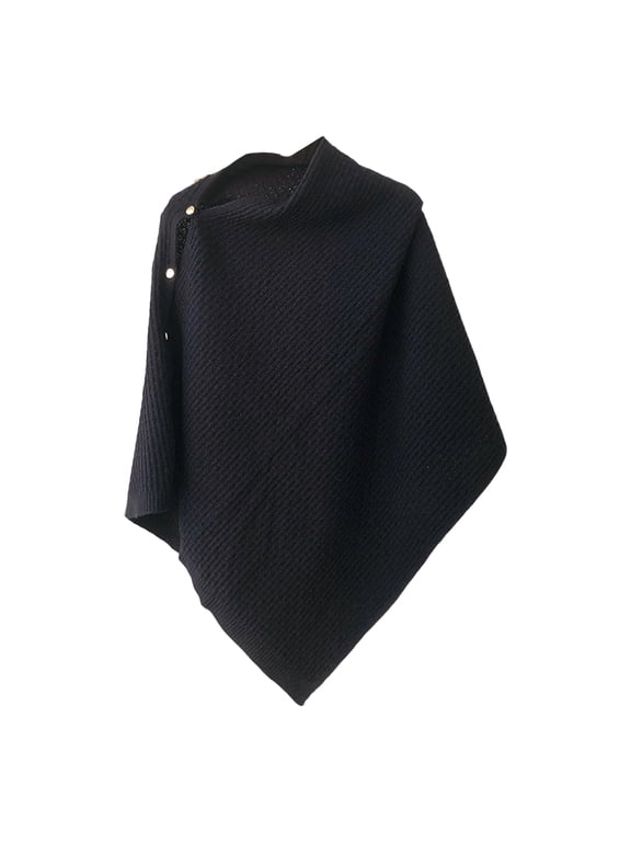 Women's Versatile Knitted Shawls Scarf Poncho Sweater Capes with Buttons Lightweight Spring Summer Fall Winter Wraps Black One Size