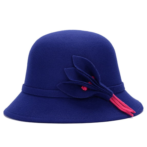 Boyscolos Womens Winter Cloche Cap Vintage Church Dress Wool Felt Bucket Hats with Flowers Formal Fashion Elegant Hats Royal Blue One Size