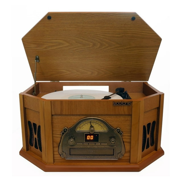 Boytone 3-Speed Stereo Turntable with AM-FM Radio, Wood