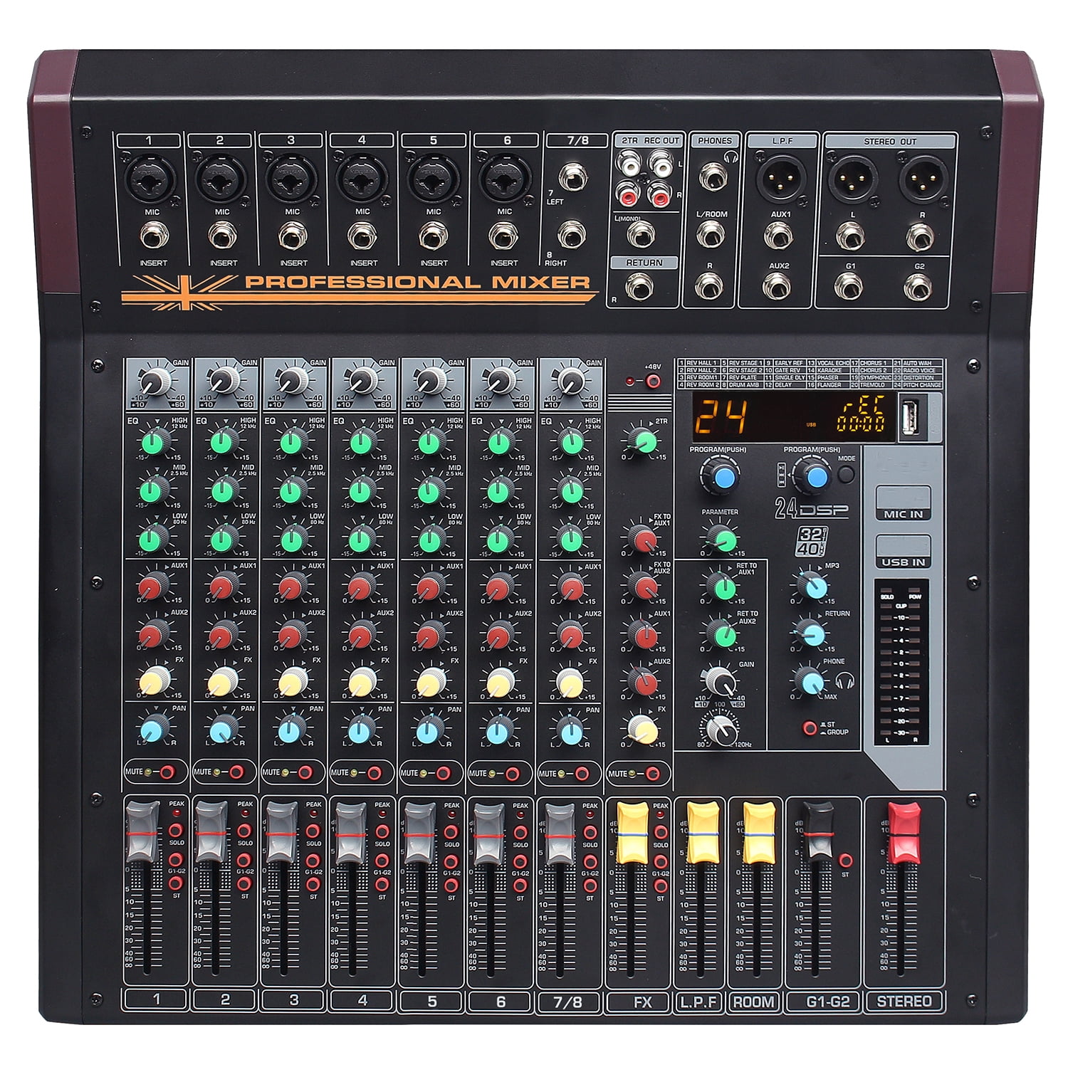 Boytone 8-Channel Bluetooth Studio Audio Mixer - DJ Sound Controller Interface with USB Port, AUX Jack, 4 XLR Microphone Jack, 48V Power, 16 DSP Effect, Input/output for Professional user