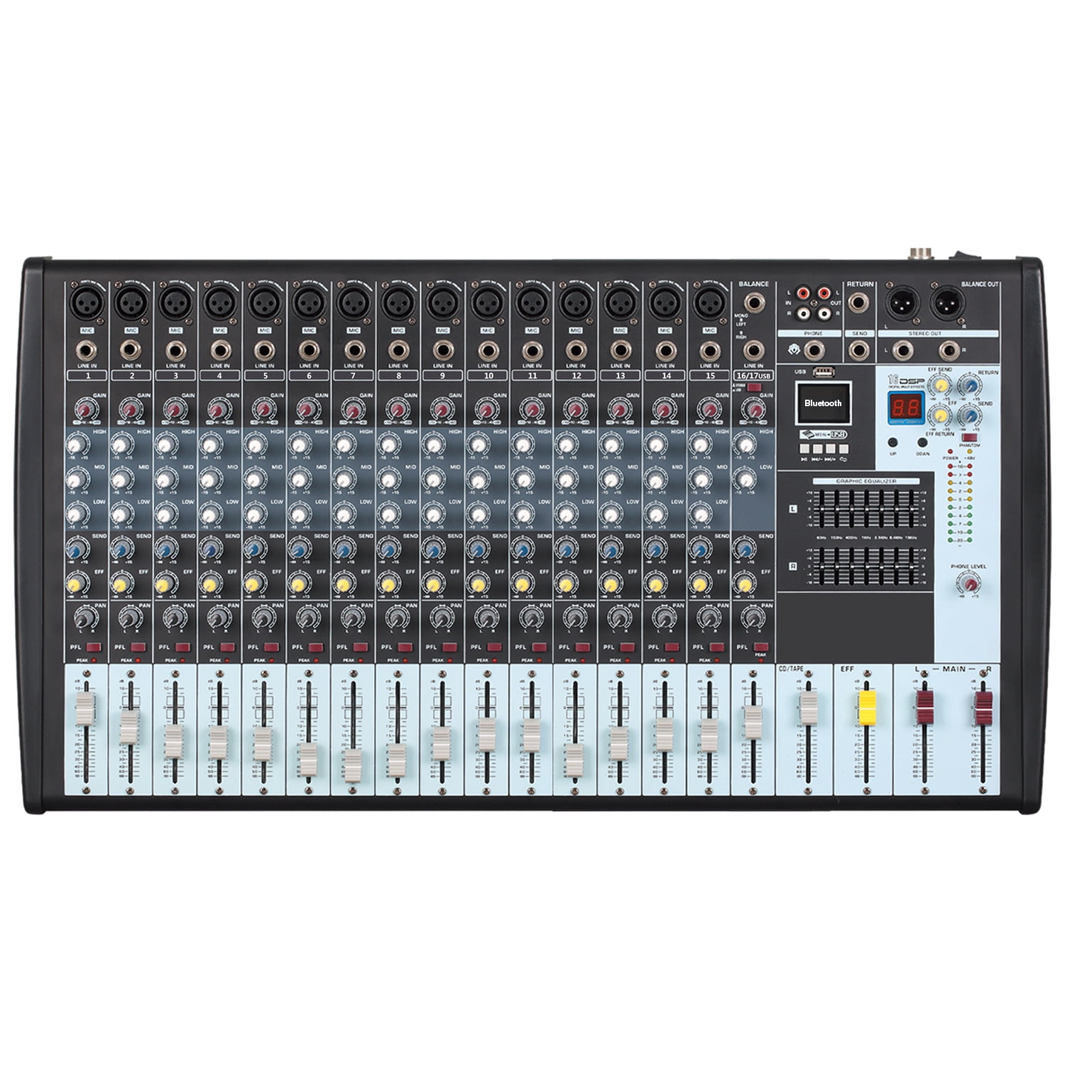 Boytone BT-160MX,16 Channel Bluetooth Studio Audio Mixer - DJ Sound Controller, USB MP3 Player, PC Recording, 15 XLR Microphone Port,14 Band EQ, Tape, CD Jack, 16BIT Digital Effect, Metal Case