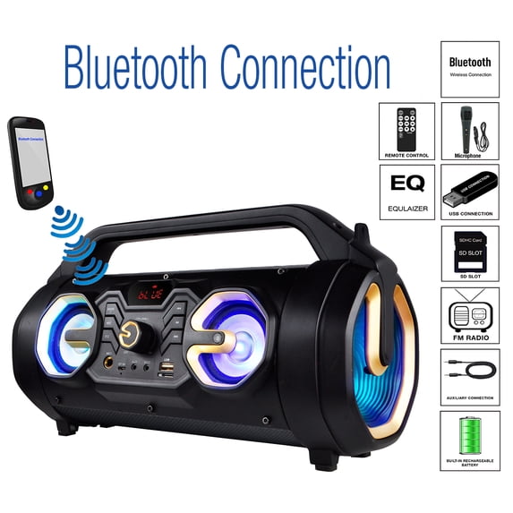 Boytone BT-16G Boombox Built-in 5" RGB Disco Lighting Wireless Bluetooth Portable Speaker, Accessories Included, Black